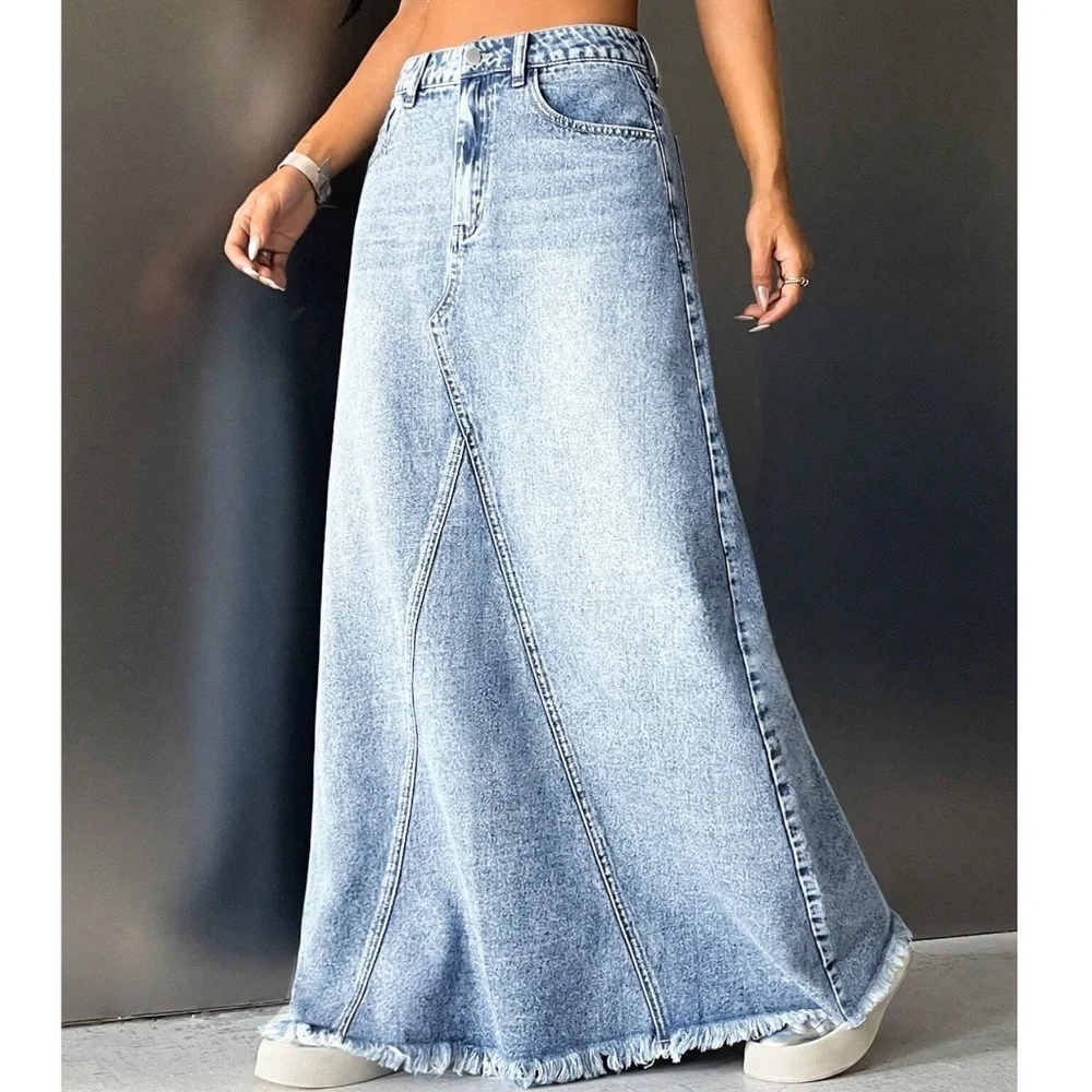 Boho Light Wash Raw hem Jean Denim Pockets Maxi Skirt - Picture 2 of 6